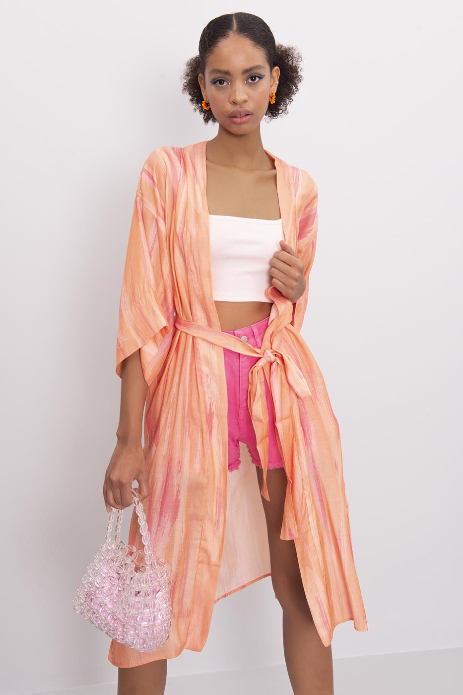 Bayan Somon Kuşak Detaylı Uzun Kimono