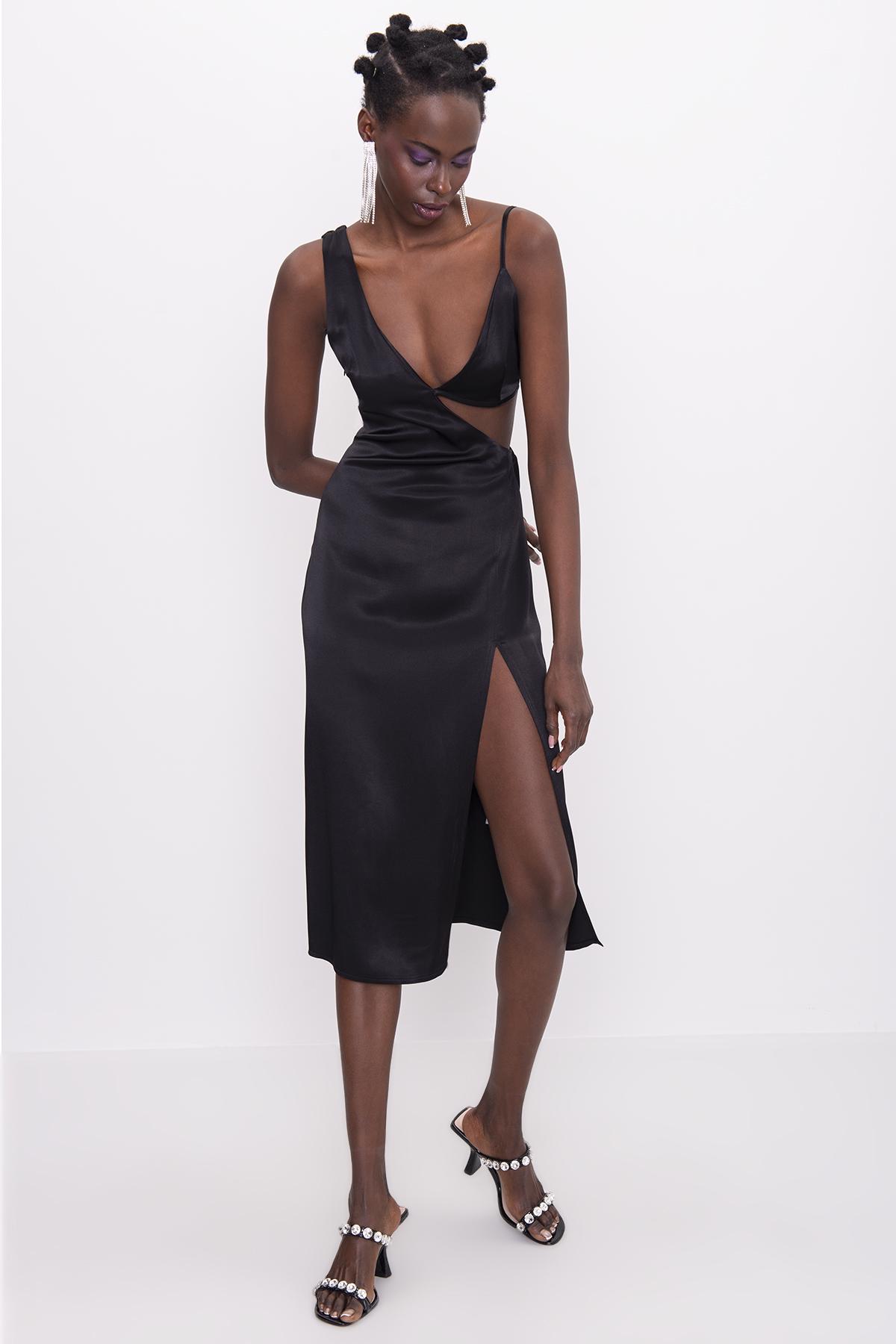 Bayan Siyah Tek Omuz Dekolteli Yırtmaç Detaylı Mini Elbise