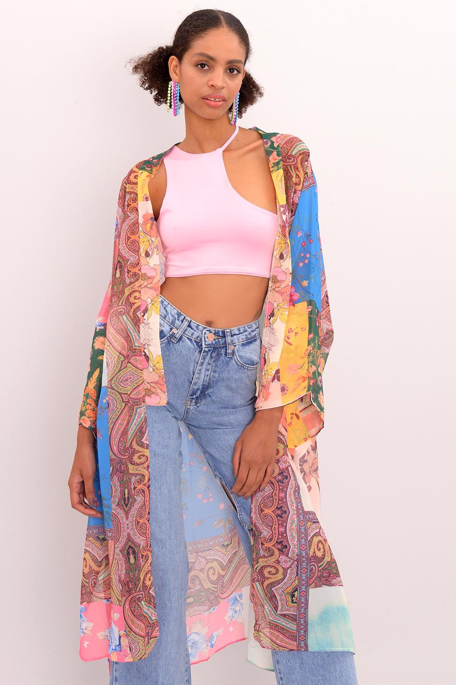 Bayan Multı Desenli Şifon Kimono