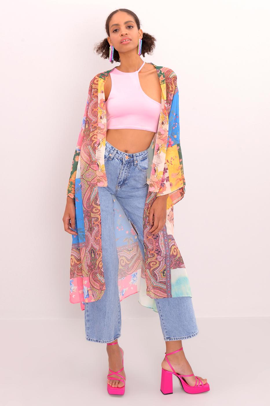 Bayan Multı Desenli Şifon Kimono