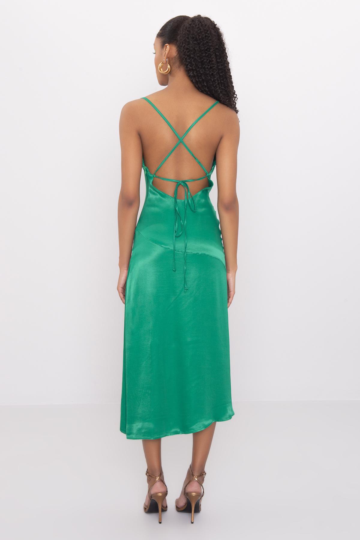 Bayan Yeşil Sırt Dekolteli Degaje Yaka Detaylı Midi Elbise