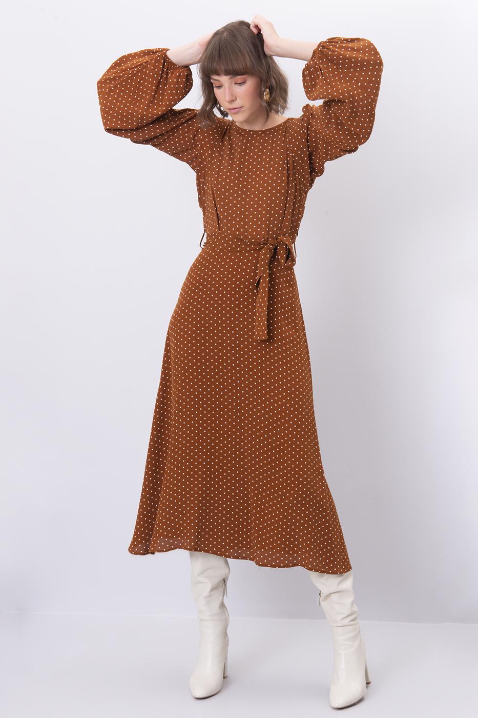 Female Brown Long Sleeve Midi Dress