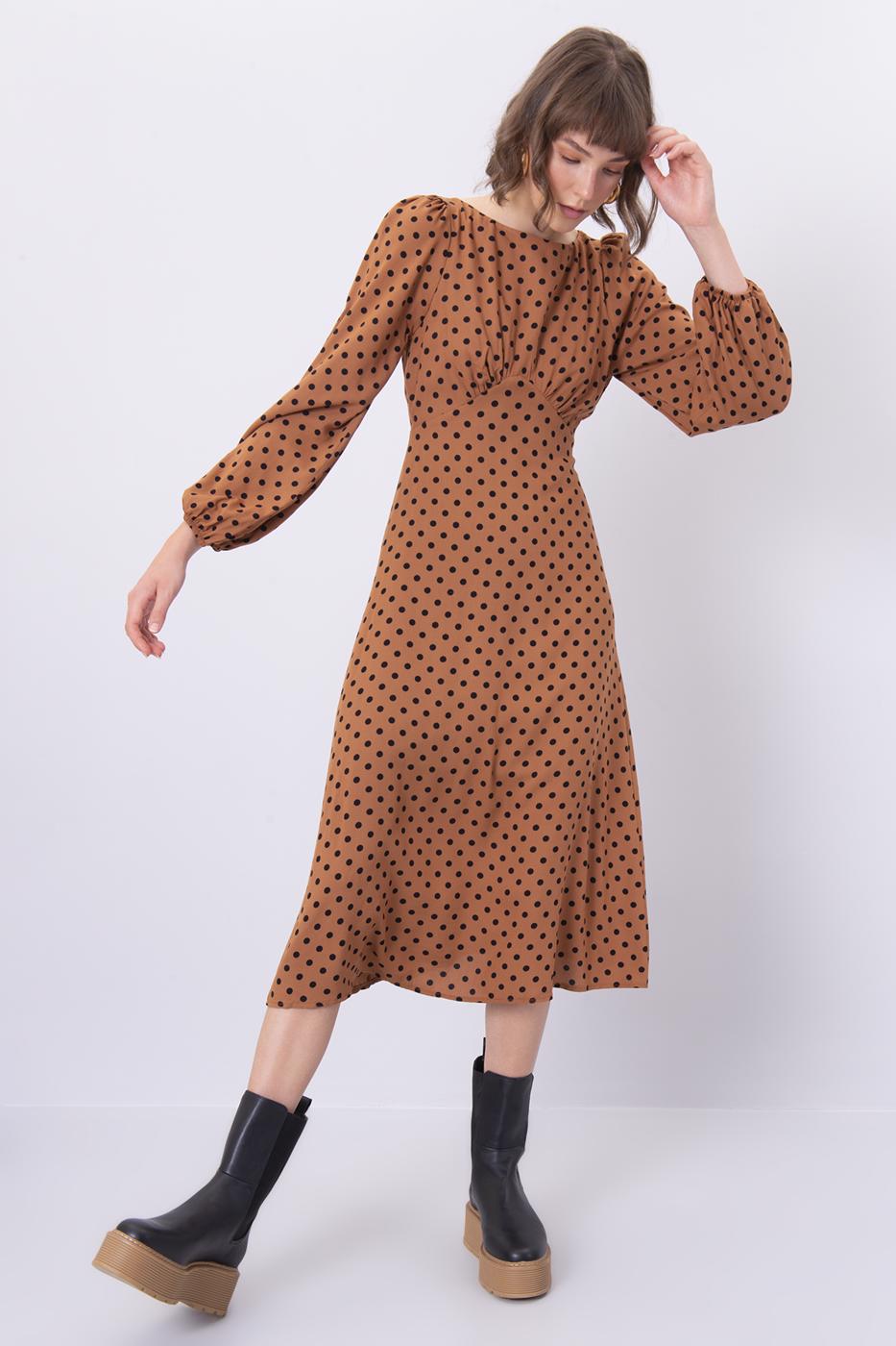 Brown Polka Dot Midi Dress