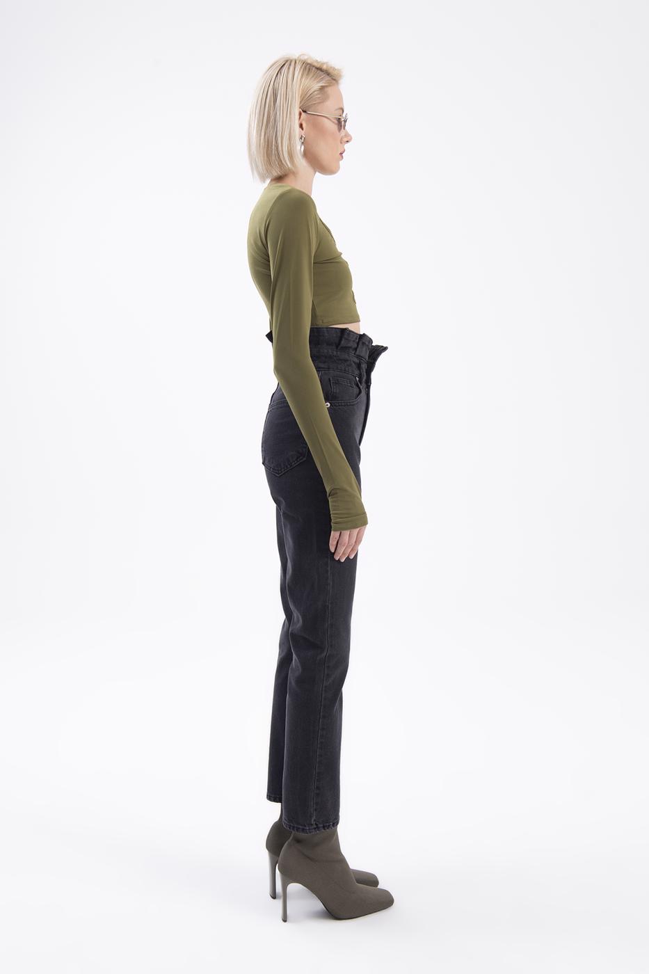 Female Black High Waist Denim Pleated Pants