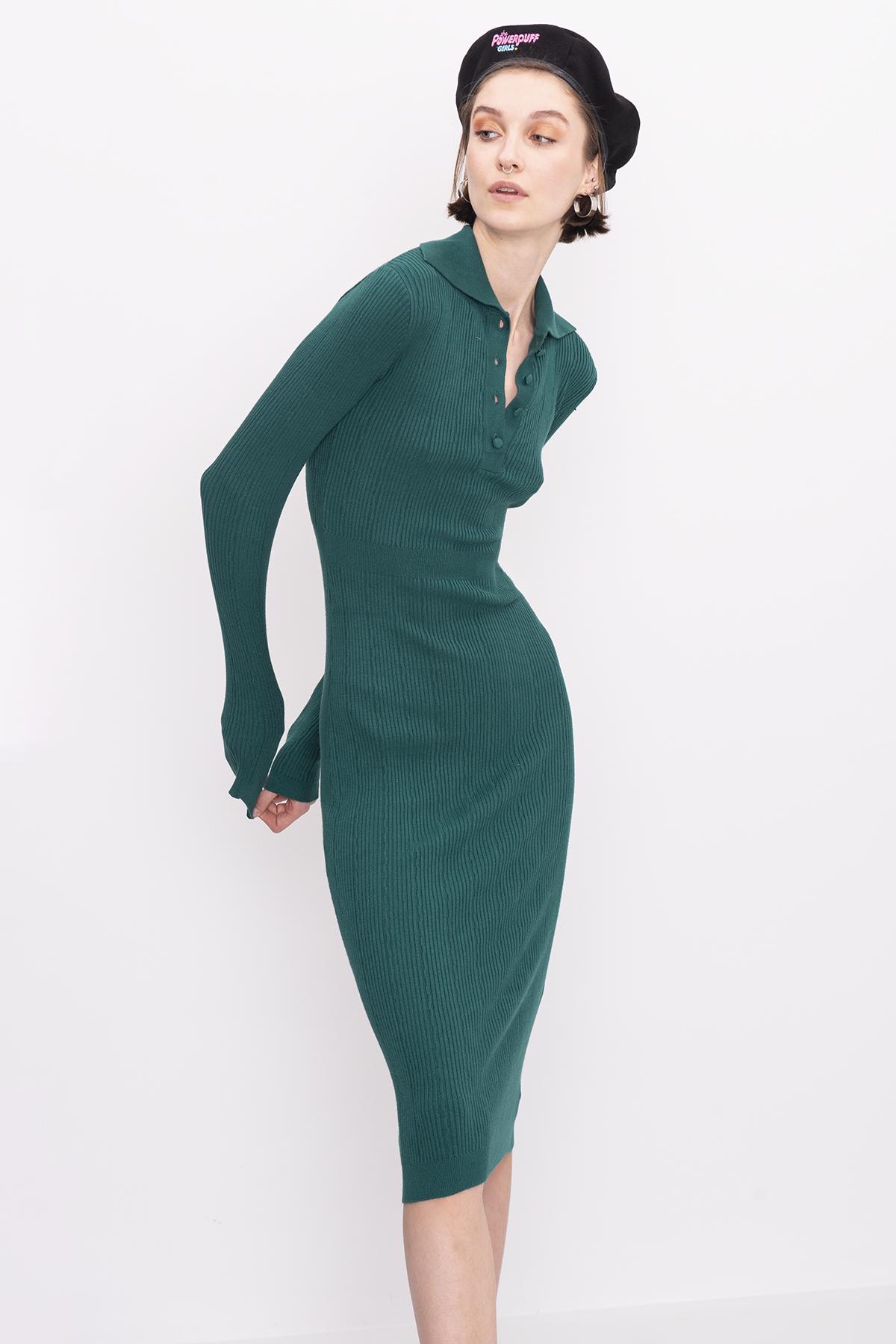 Bayan Yeşil Polo Yaka Triko Dar Midi Elbise