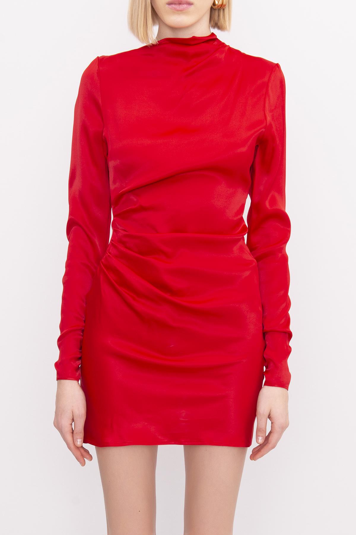 Bayan Kırmızı Drapeli Asimetrik Yaka Mini Elbise