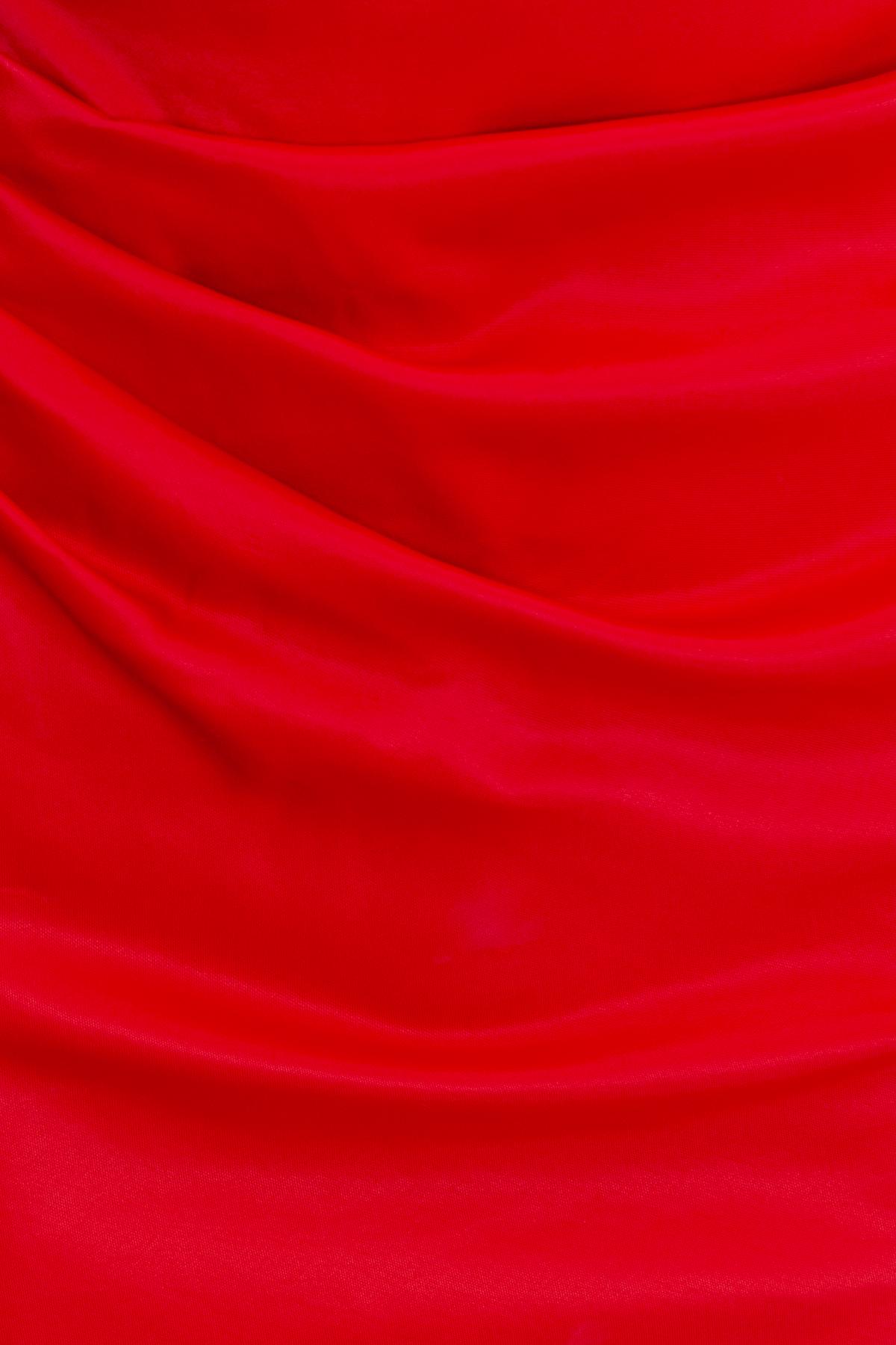 Bayan Kırmızı Drapeli Asimetrik Yaka Mini Elbise