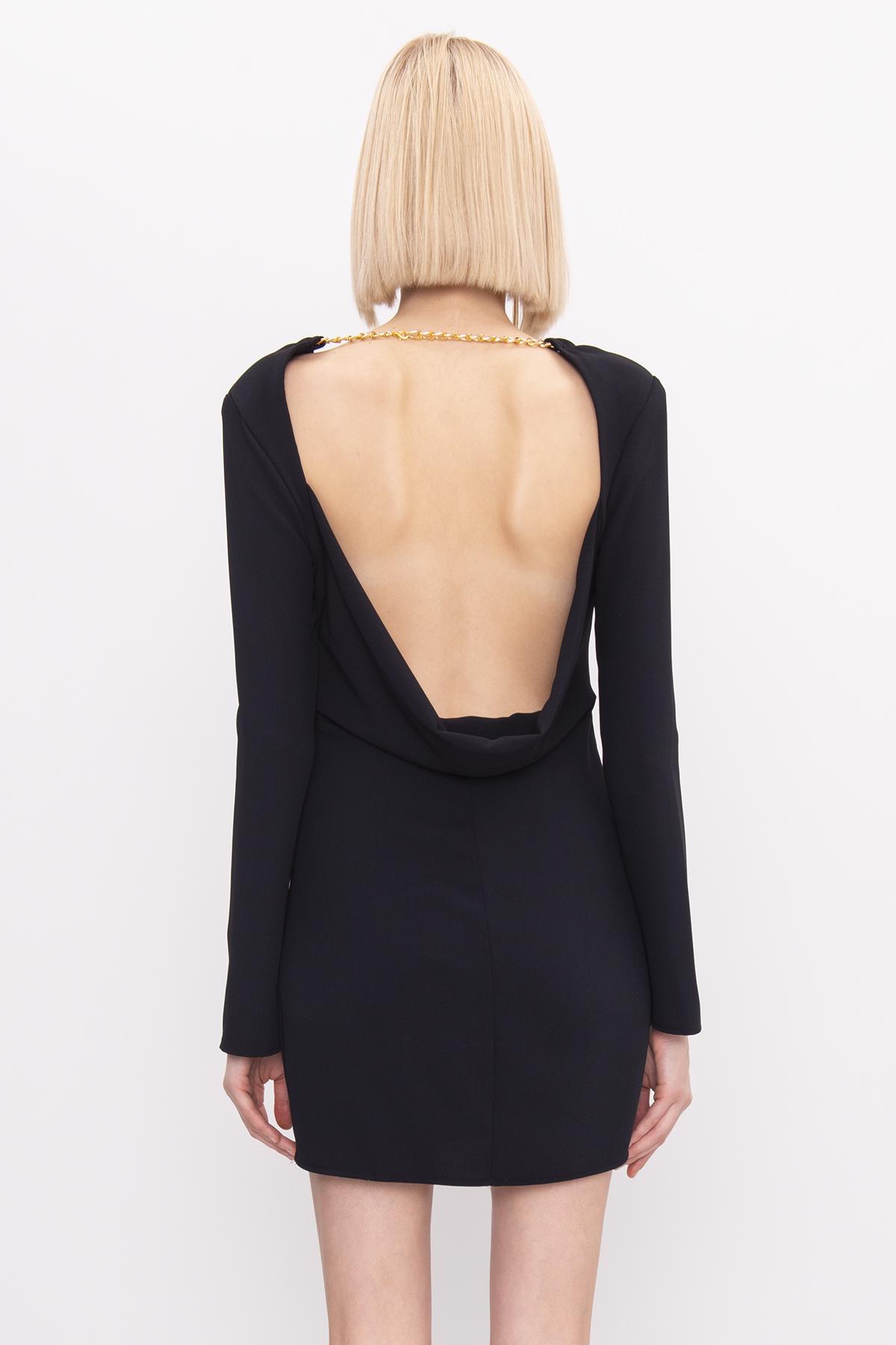 Bayan Siyah Sırt Dekolteli Zincir Detaylı Mini Elbise