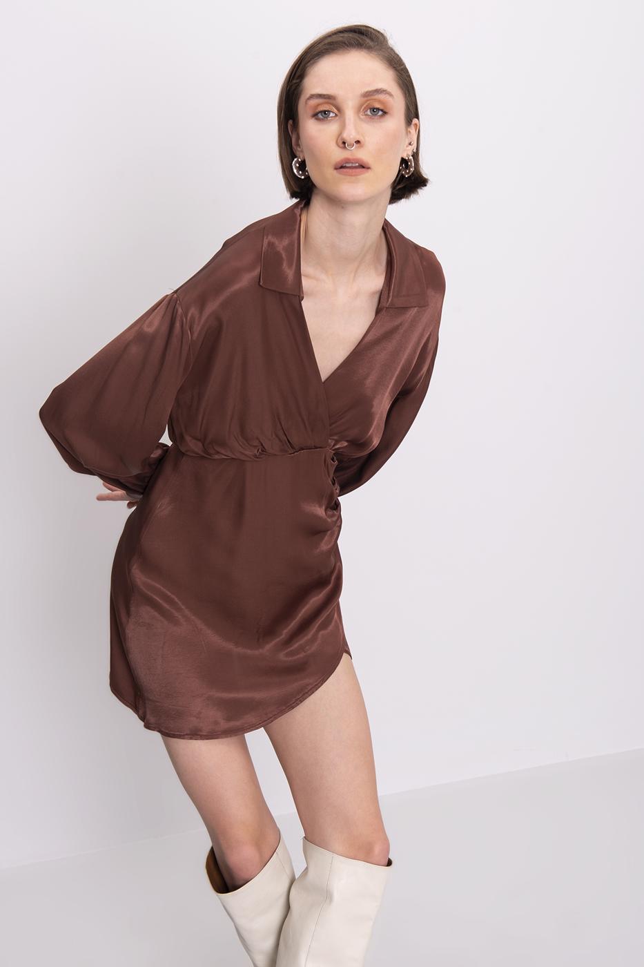 Brown Double Breasted Mini Satin Dress