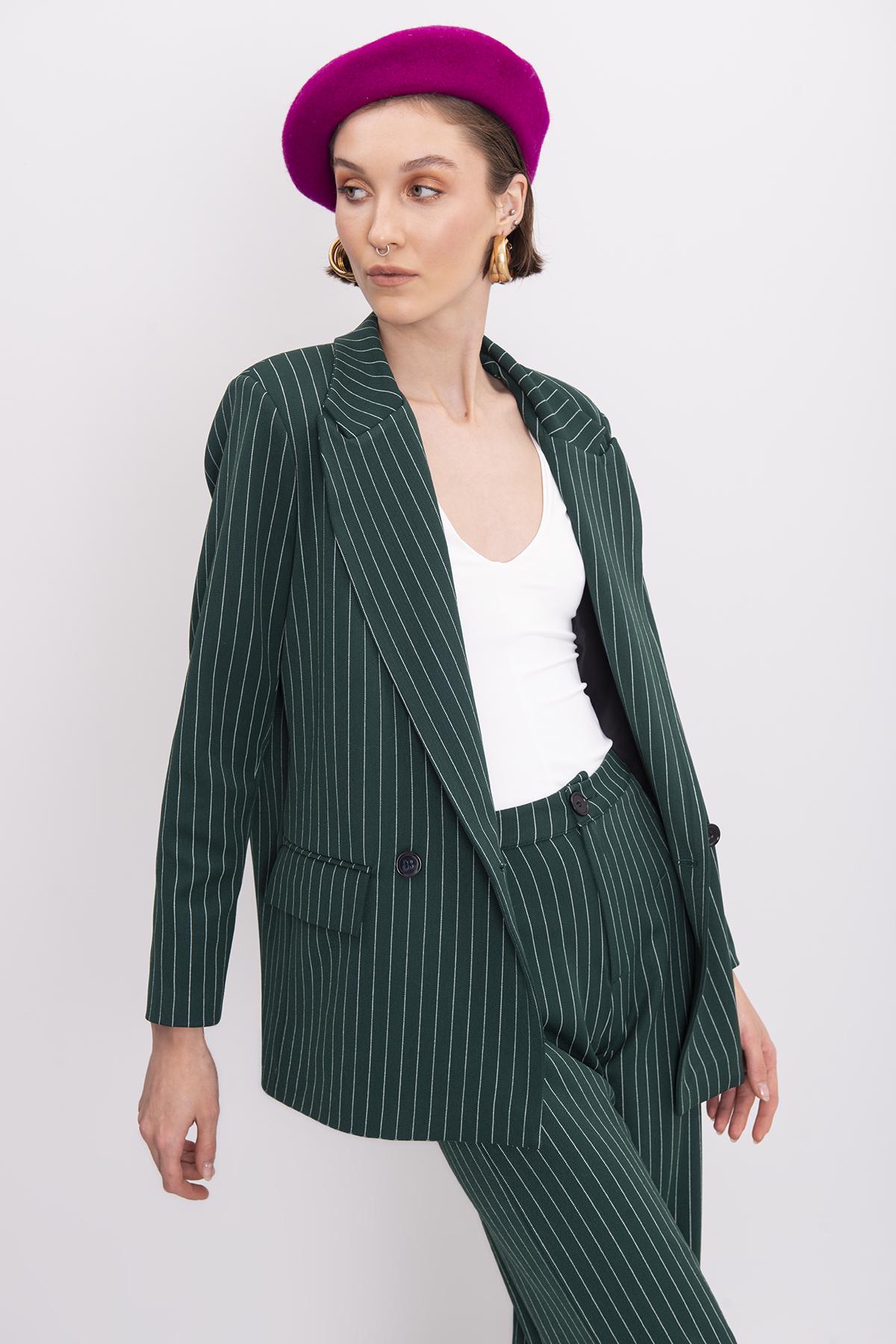 Bayan Yeşil Çizgili Blazer Ceket