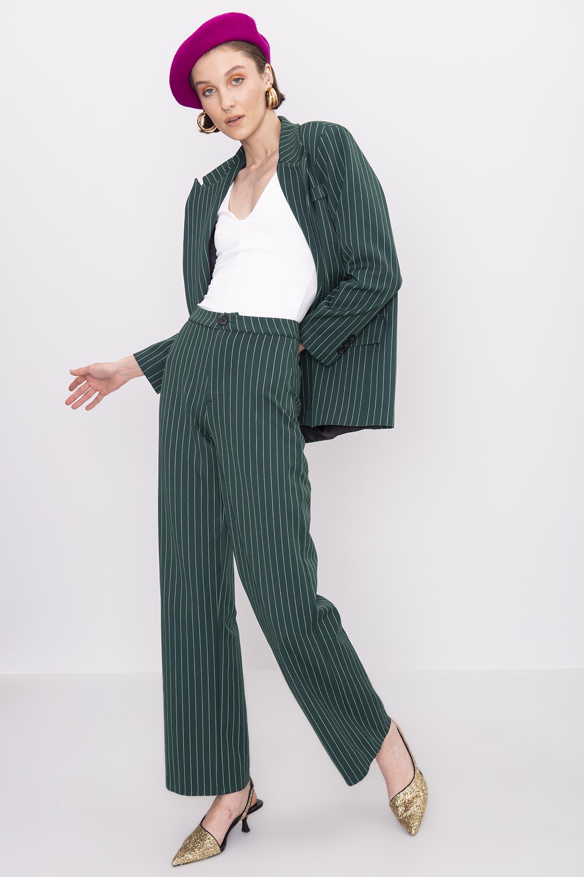 Bayan Yeşil Çizgili Yüksek Bel Klasik Pantolon