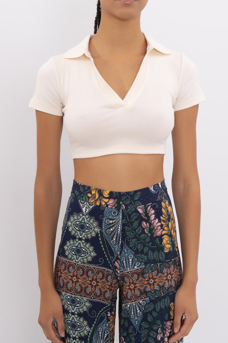 Bayan Bej V Kesim Kısa Kol Polo Yaka Crop Body