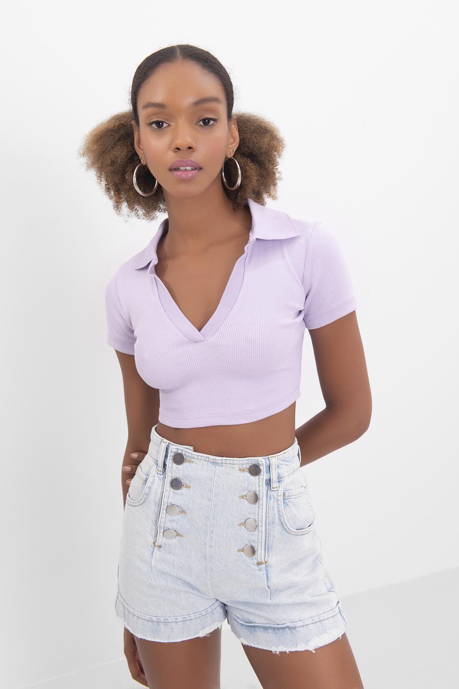 Bayan Lila V Kesim Kısa Kol Polo Yaka Crop Body