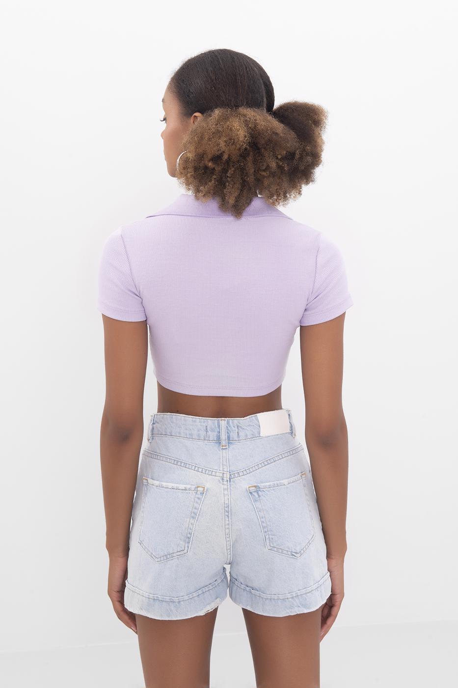 Bayan Lila V Kesim Kısa Kol Polo Yaka Crop Body