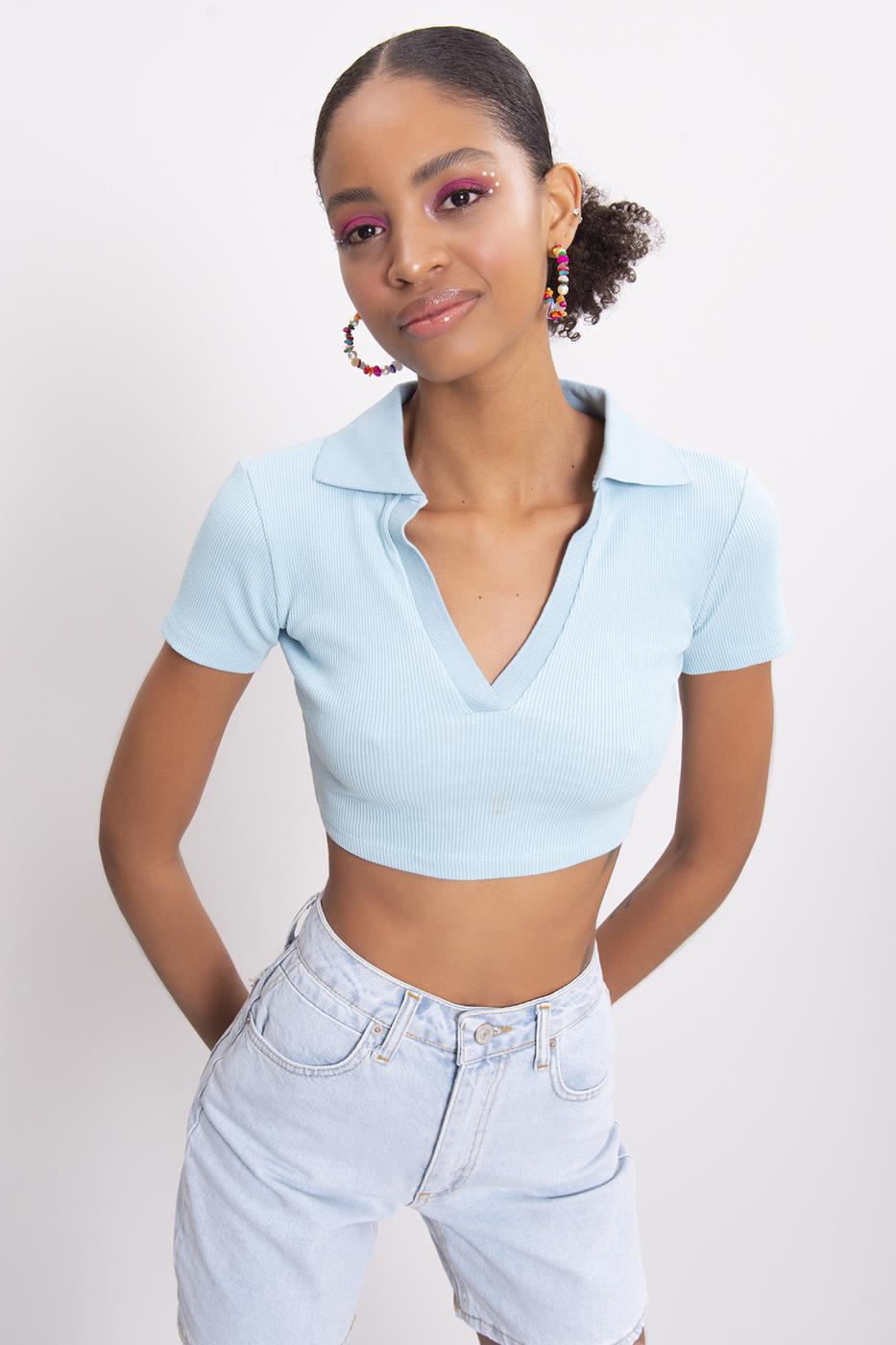 Bayan Mavi V Kesim Kısa Kol Polo Yaka Crop Body