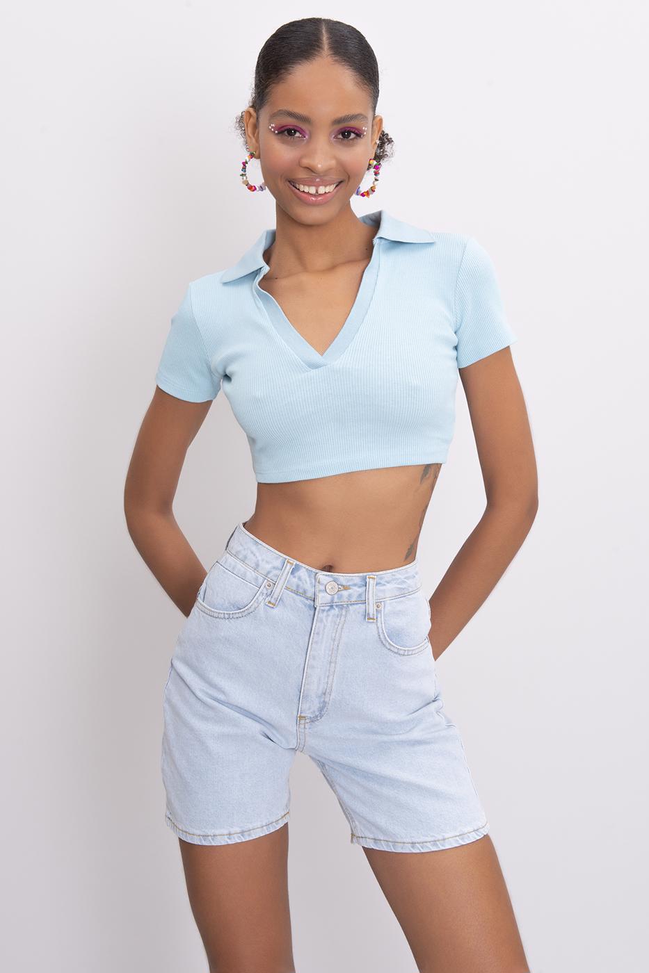 Bayan Mavi V Kesim Kısa Kol Polo Yaka Crop Body