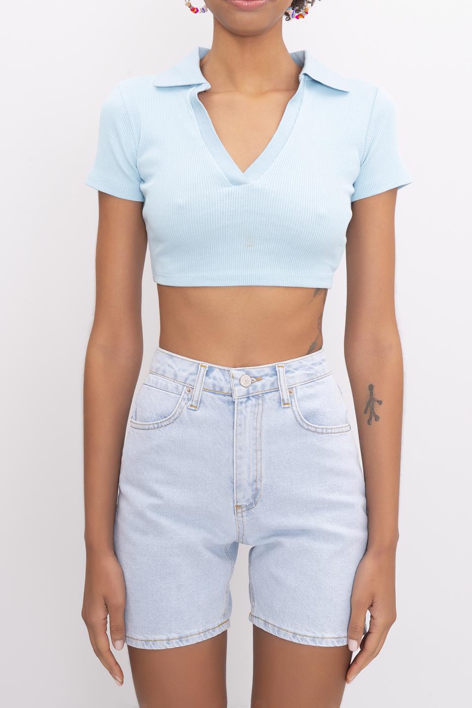 Bayan Mavi V Kesim Kısa Kol Polo Yaka Crop Body