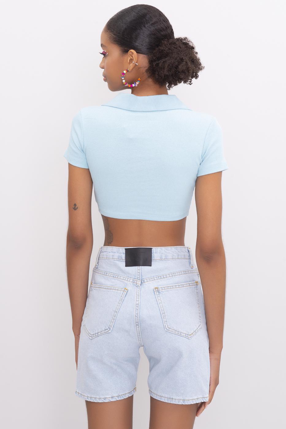 Bayan Mavi V Kesim Kısa Kol Polo Yaka Crop Body