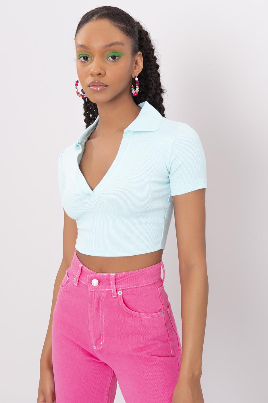 Bayan Yeşil V Kesim Kısa Kol Polo Yaka Crop Body