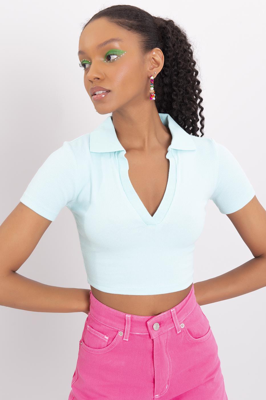 Bayan Yeşil V Kesim Kısa Kol Polo Yaka Crop Body