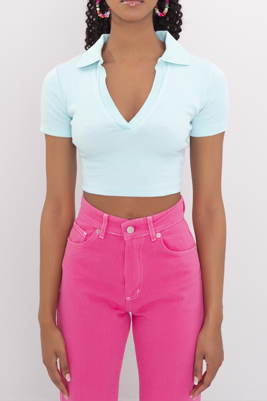 Bayan Yeşil V Kesim Kısa Kol Polo Yaka Crop Body