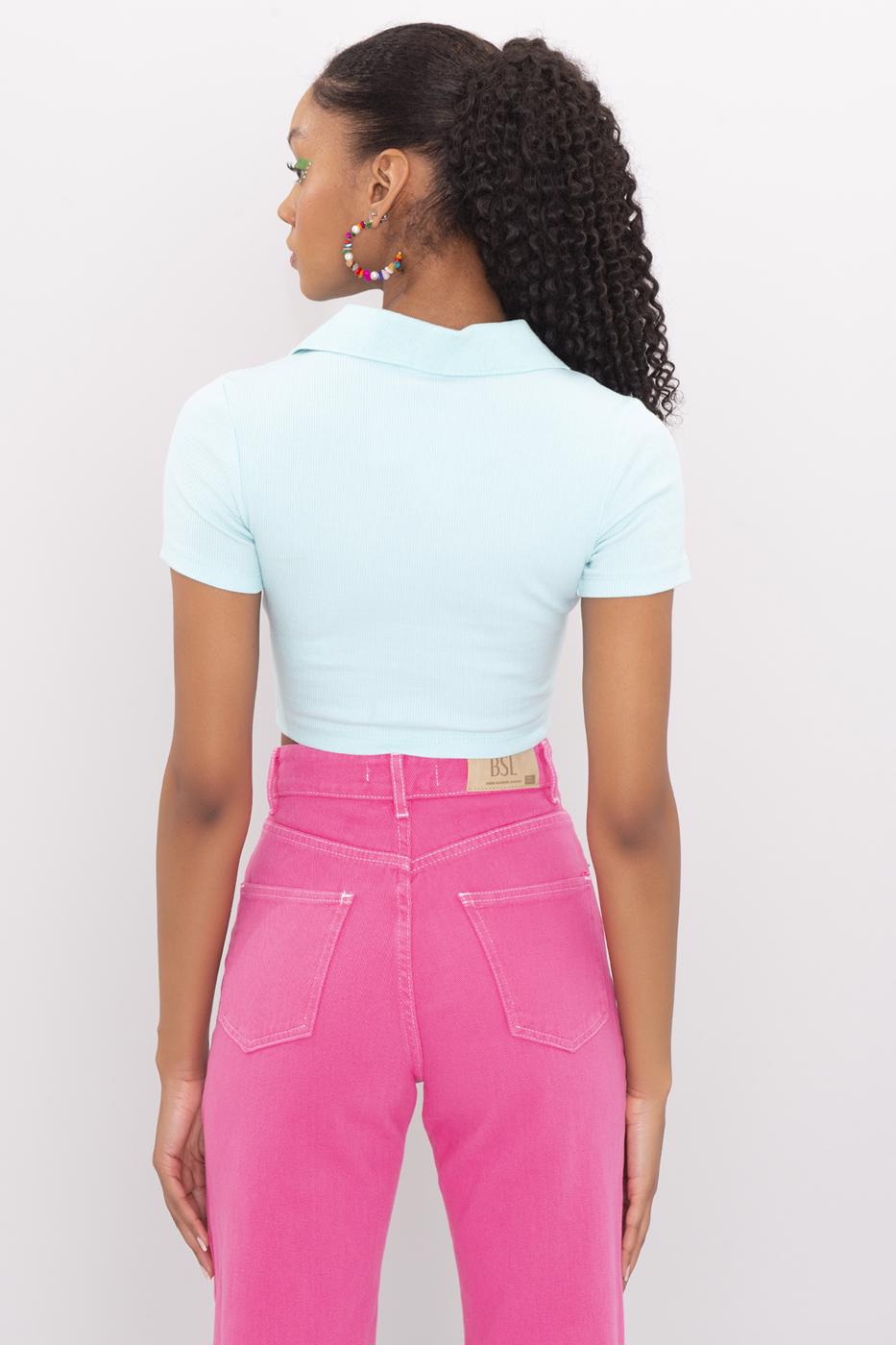 Bayan Yeşil V Kesim Kısa Kol Polo Yaka Crop Body