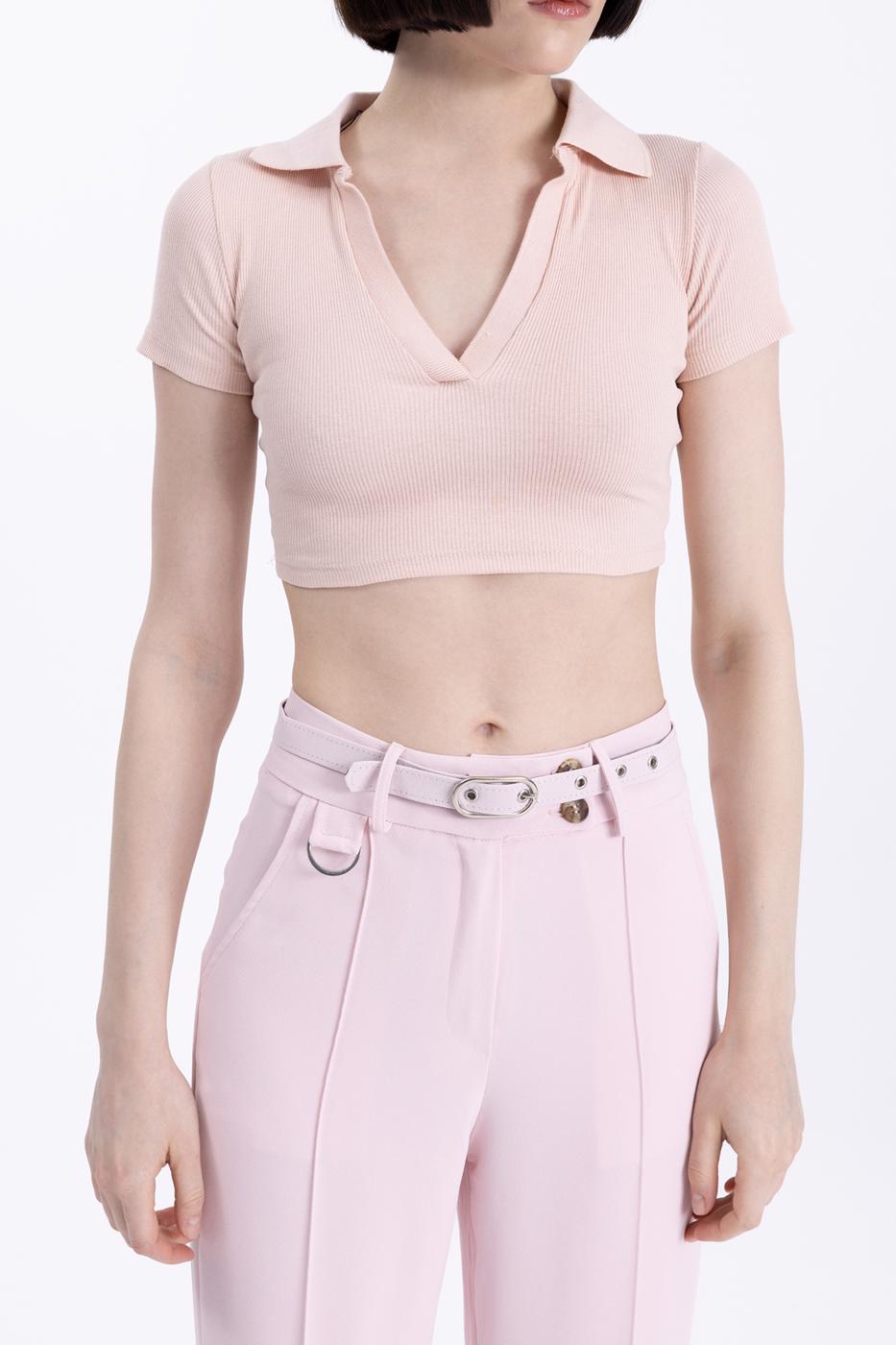 Bayan Pudra V Kesim Kısa Kol Polo Yaka Crop Body
