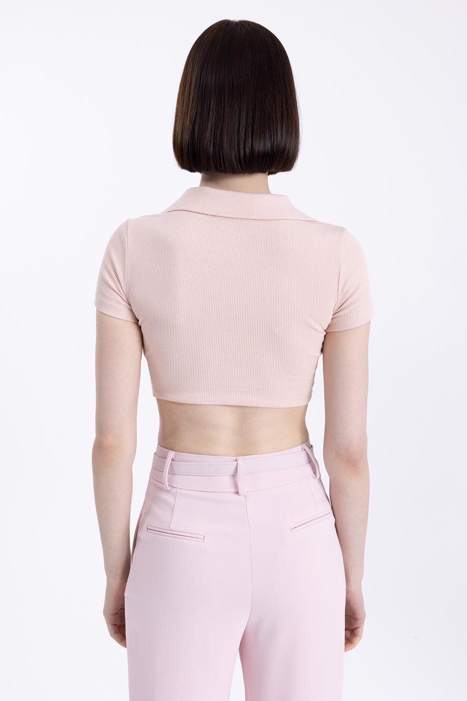 Bayan Pudra V Kesim Kısa Kol Polo Yaka Crop Body