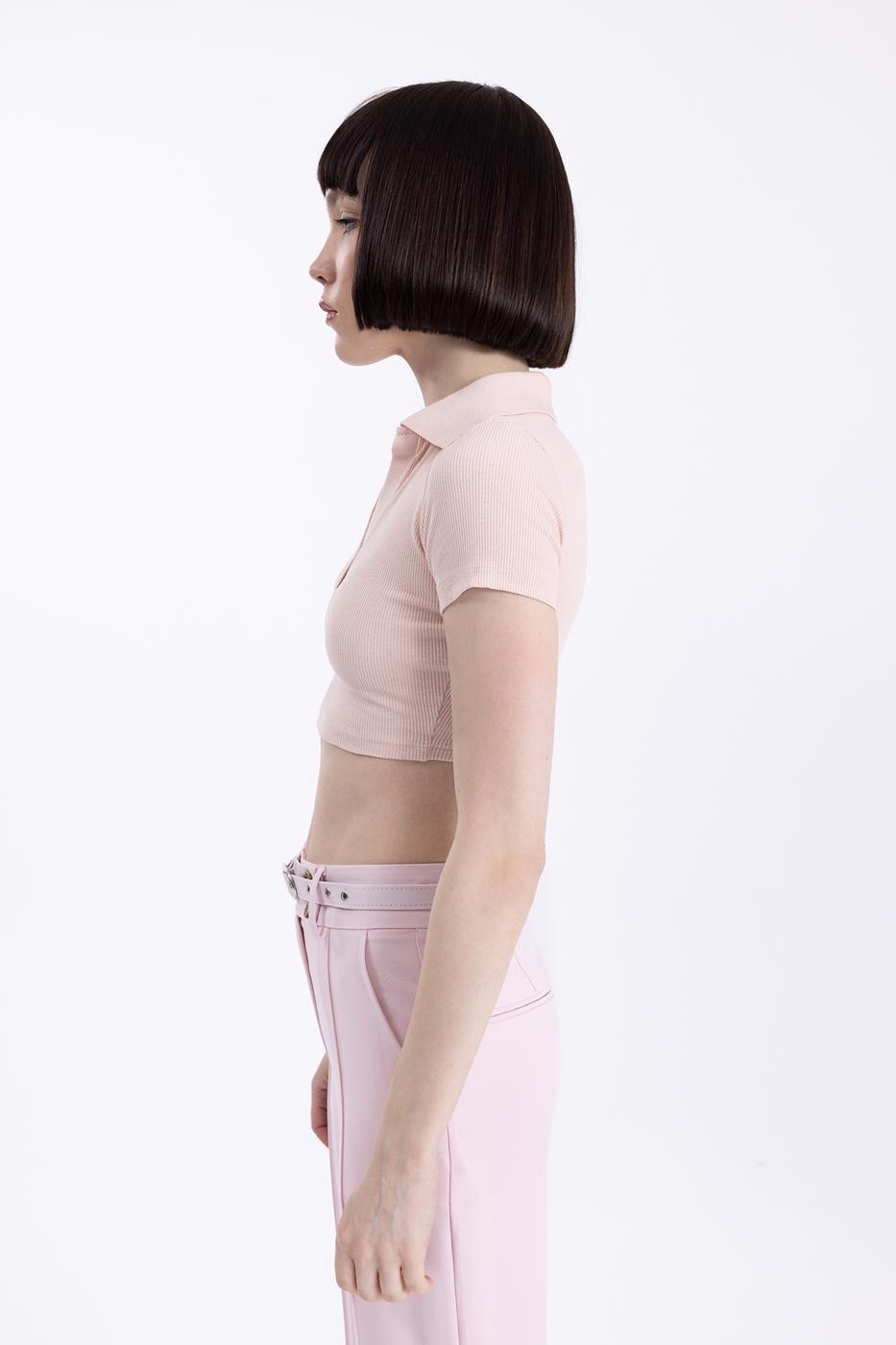 Bayan Pudra V Kesim Kısa Kol Polo Yaka Crop Body