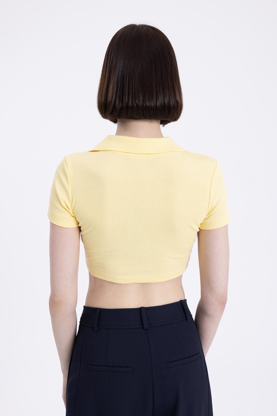 Bayan Sarı V Kesim Kısa Kol Polo Yaka Crop Body