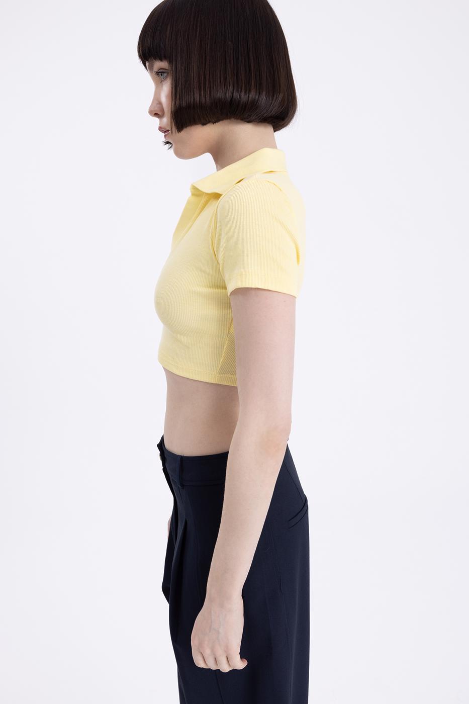 Bayan Sarı V Kesim Kısa Kol Polo Yaka Crop Body