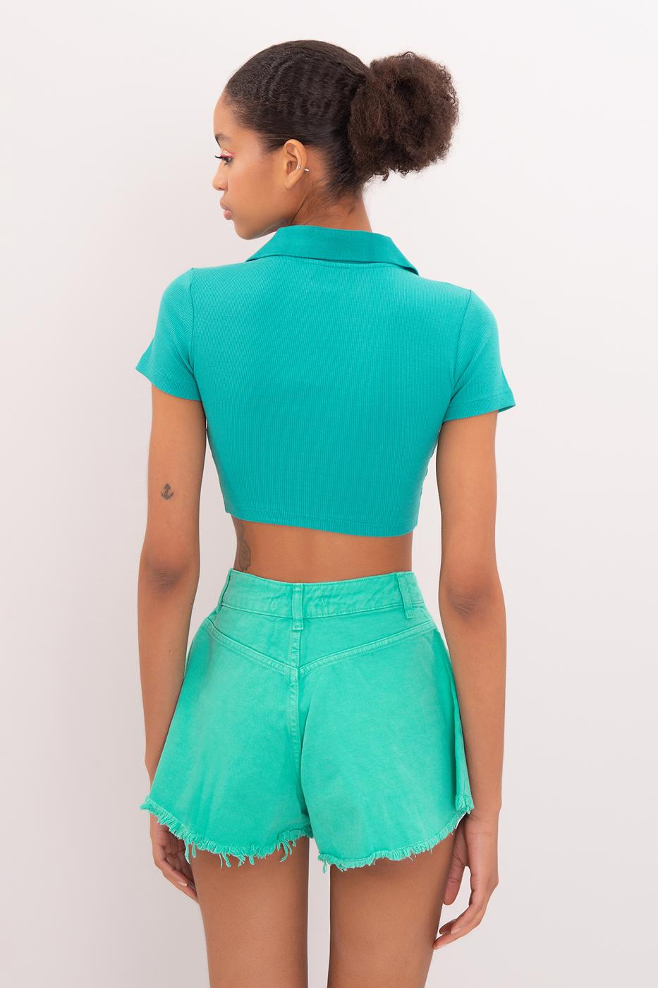 Bayan Yeşil V Kesim Kısa Kol Polo Yaka Crop Body