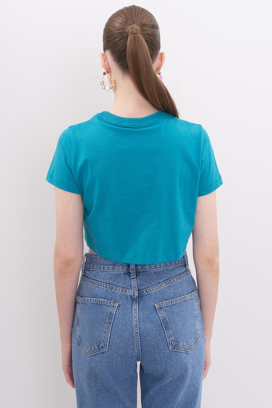 Bayan Yeşil Bisiklet Yaka Crop Tshirt