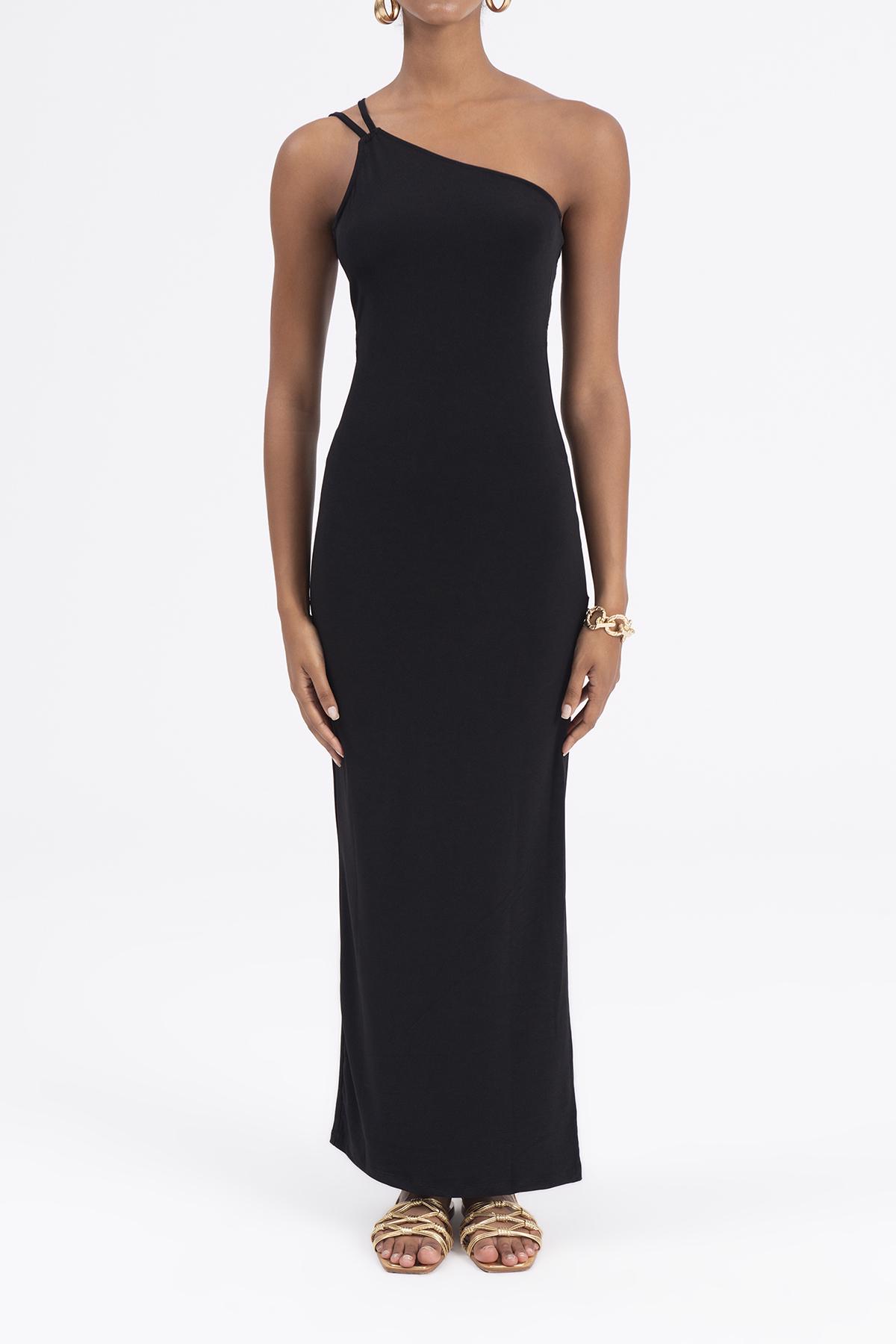 Bayan Siyah Asimetrik Askı Detaylı Yırtmaçlı Elbise