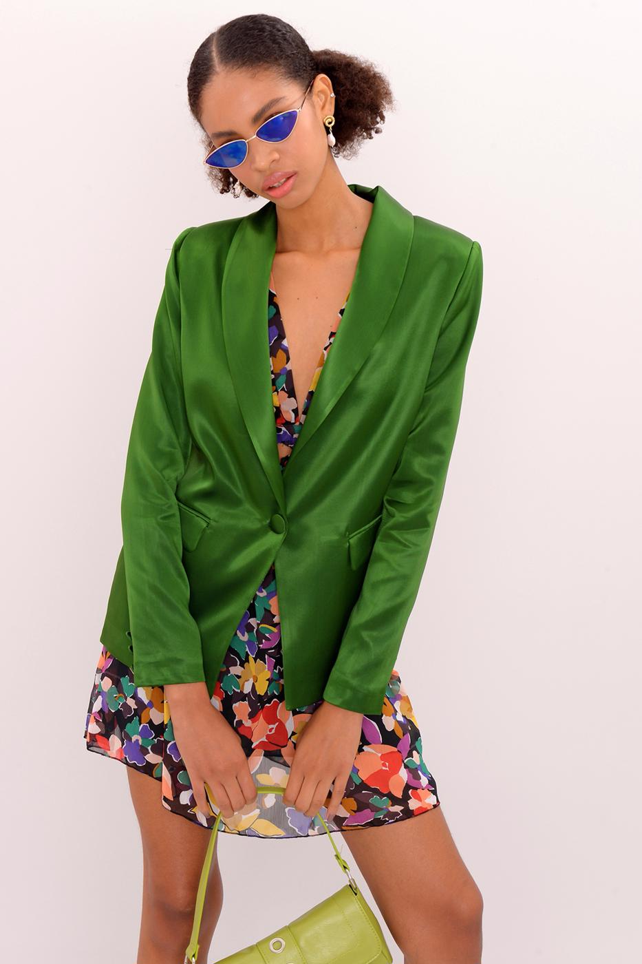 Female Green Shawl Collar Satin Jacket
