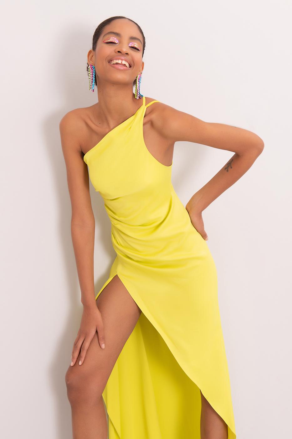 Female Yellow Asymmetrical Hem Detailed One Shouldered Long Dress