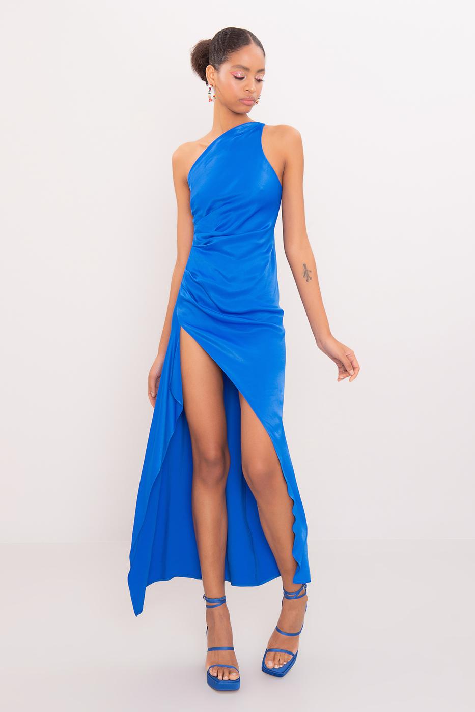 Female Blue Asymmetrical Hem Detailed One Shouldered Long Dress