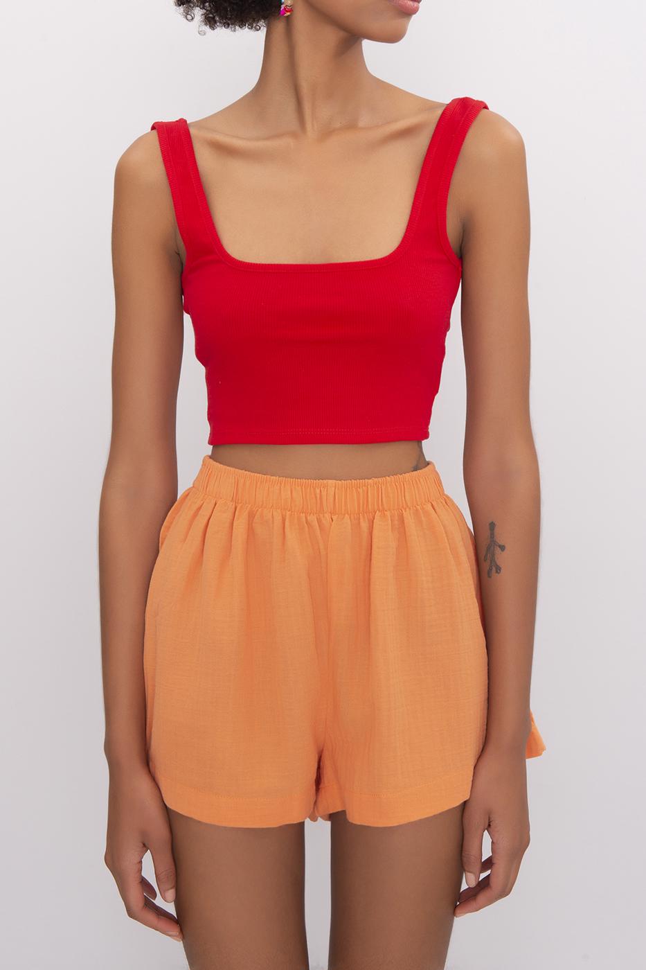 Bayan Kırmızı Kare Yaka Crop Body