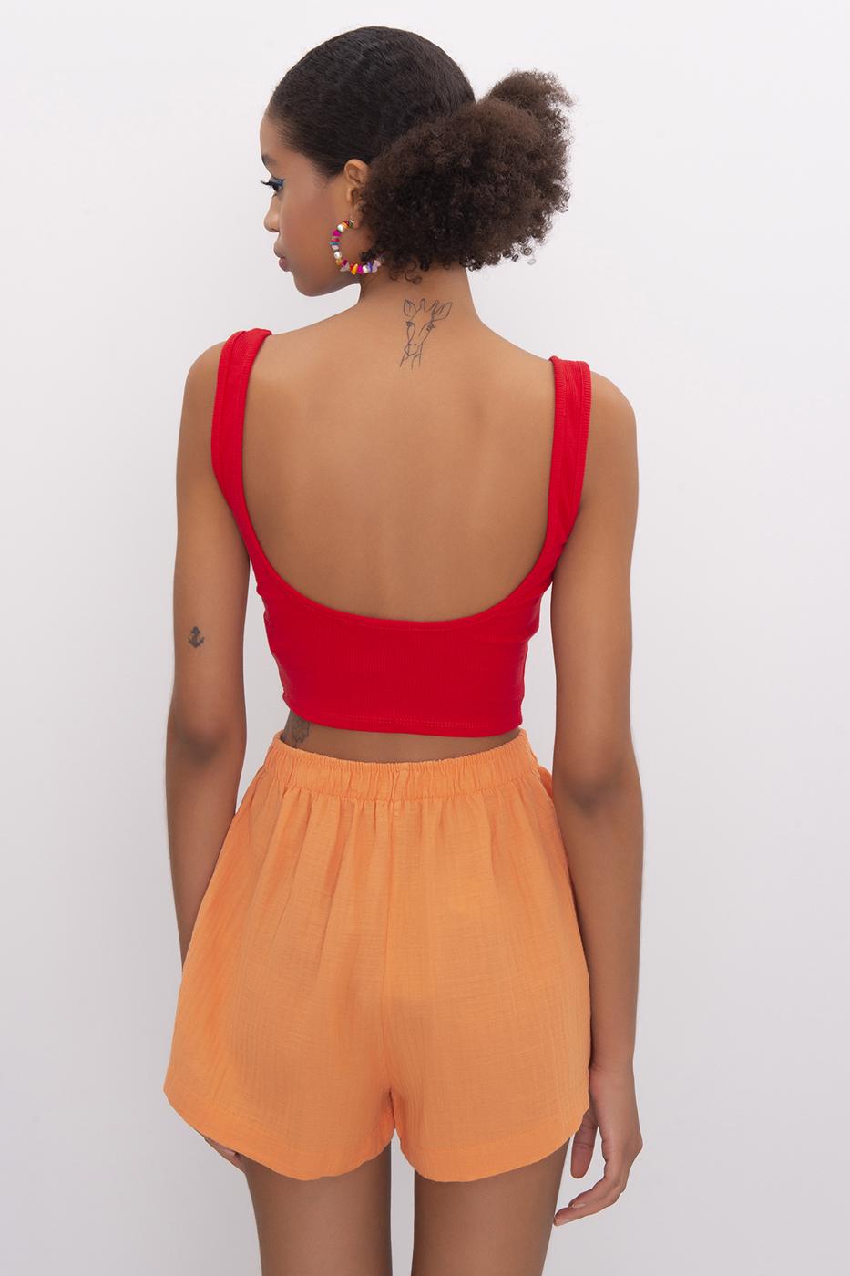 Bayan Kırmızı Kare Yaka Crop Body
