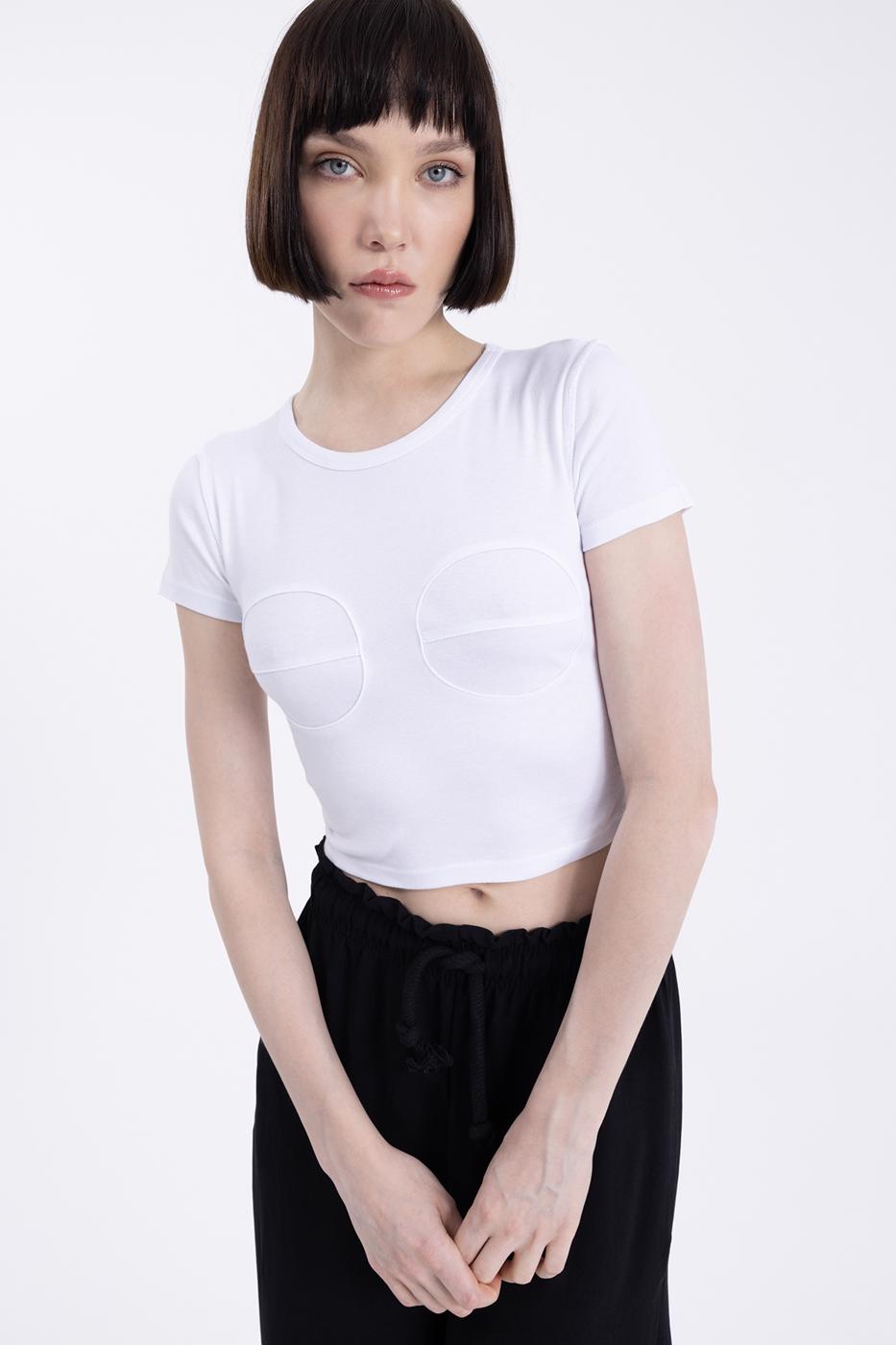 Bayan Beyaz Bisiklet Yaka Crop Body