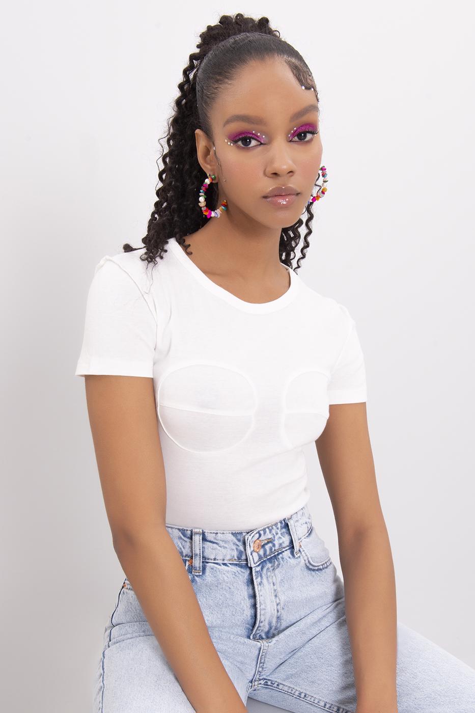 Bayan Ekru Bisiklet Yaka Crop Body