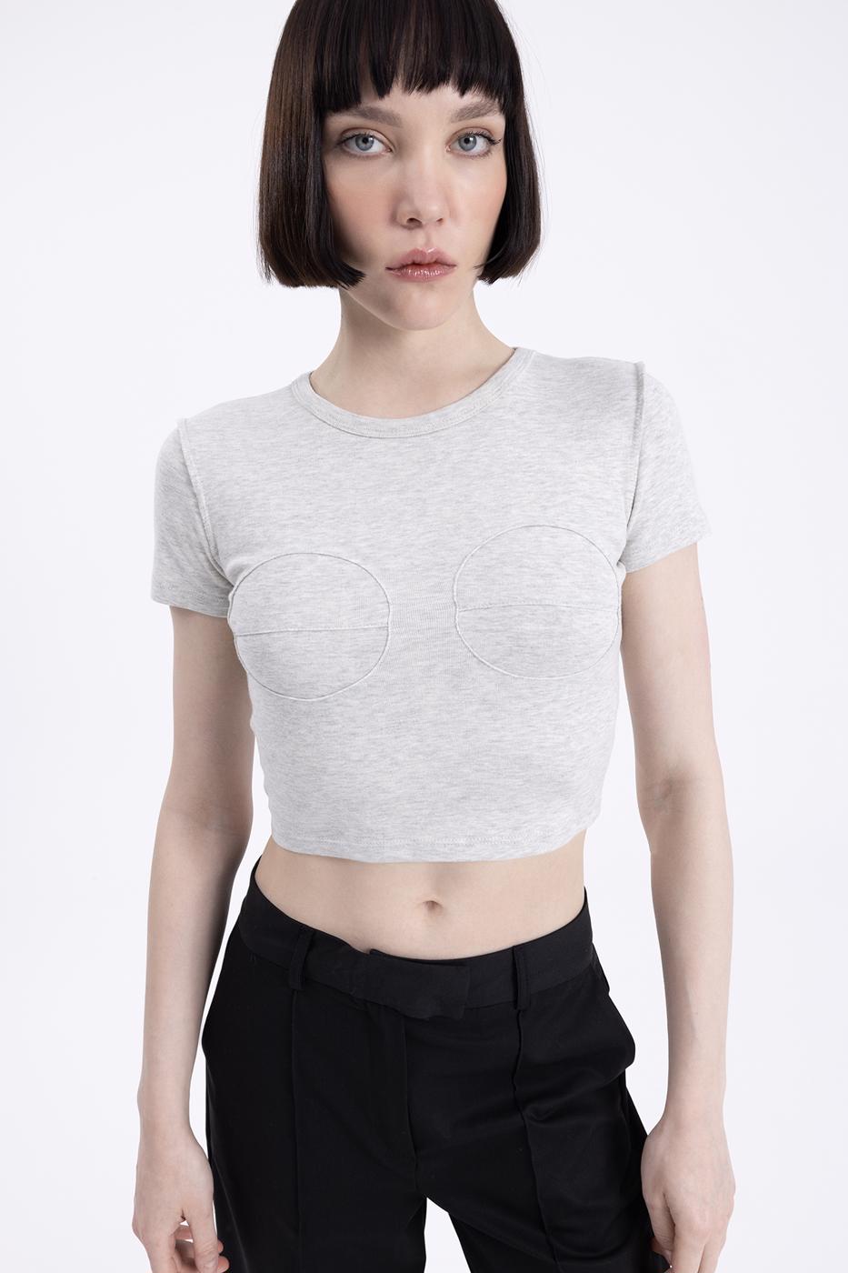 Bayan Gri Bisiklet Yaka Crop Body