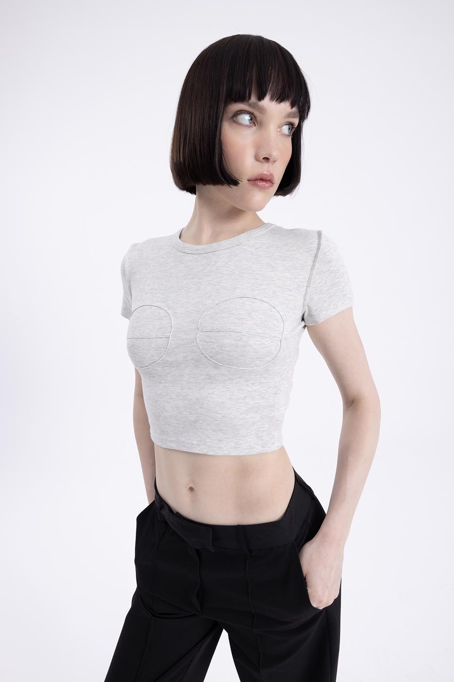 Bayan Gri Bisiklet Yaka Crop Body