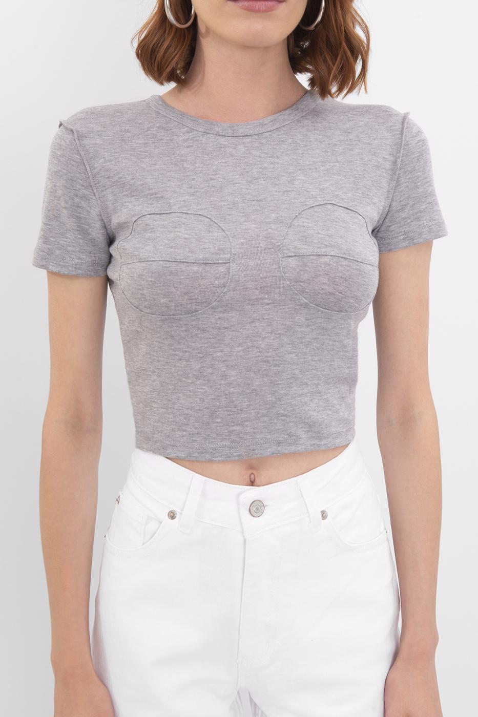 Bayan Gri Bisiklet Yaka Crop Body