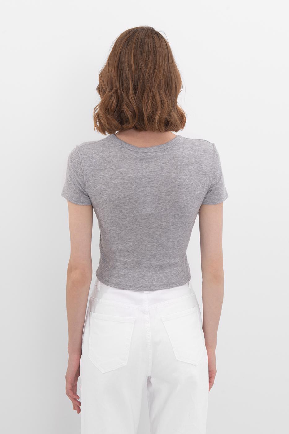 Bayan Gri Bisiklet Yaka Crop Body