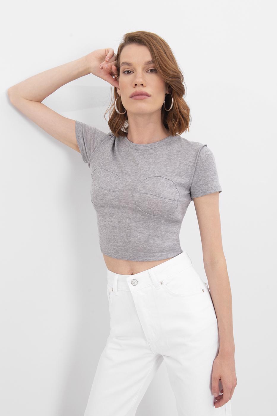 Bayan Gri Bisiklet Yaka Crop Body