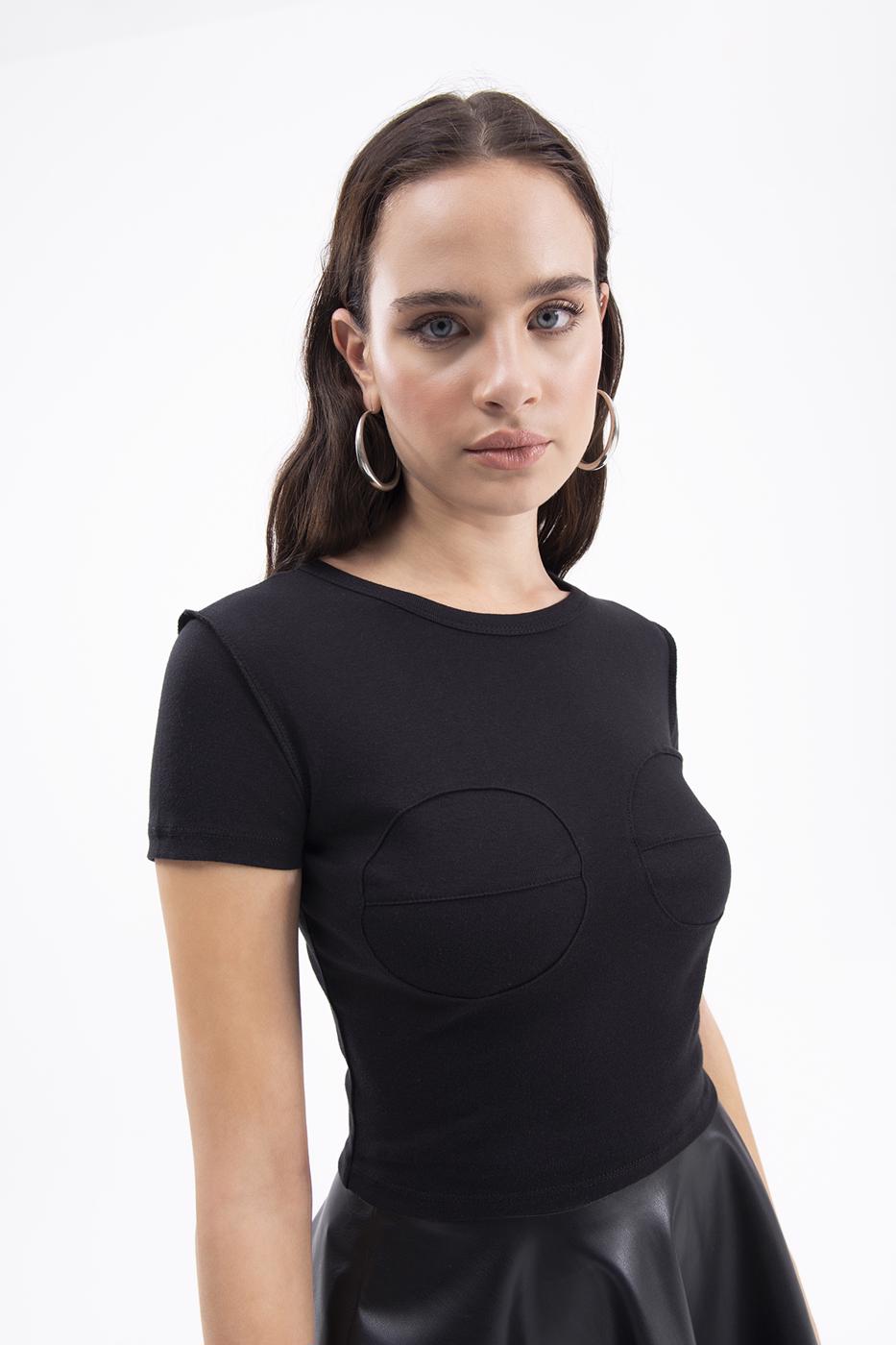 Bayan Siyah Bisiklet Yaka Crop Body