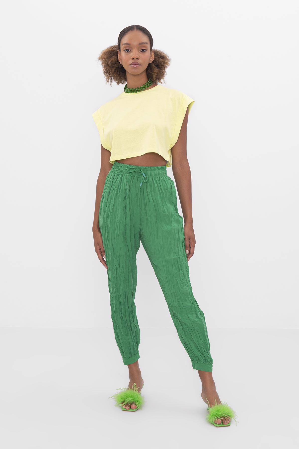 Bayan Yeşil Kraşlı Şalvar Pantolon
