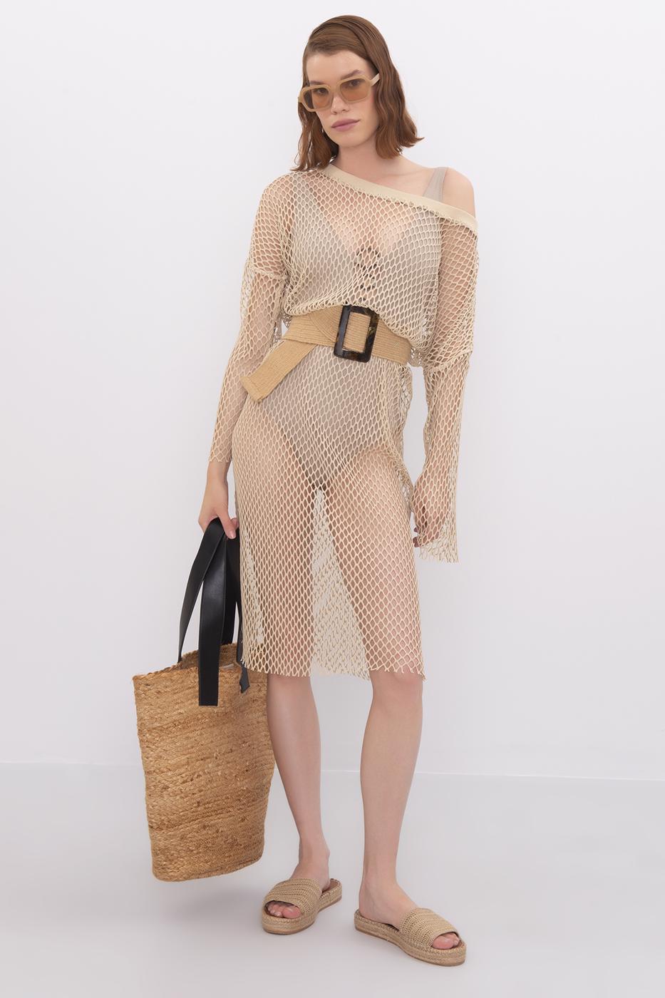Bayan Bej Kayık Yaka File Detaylı Midi Elbise