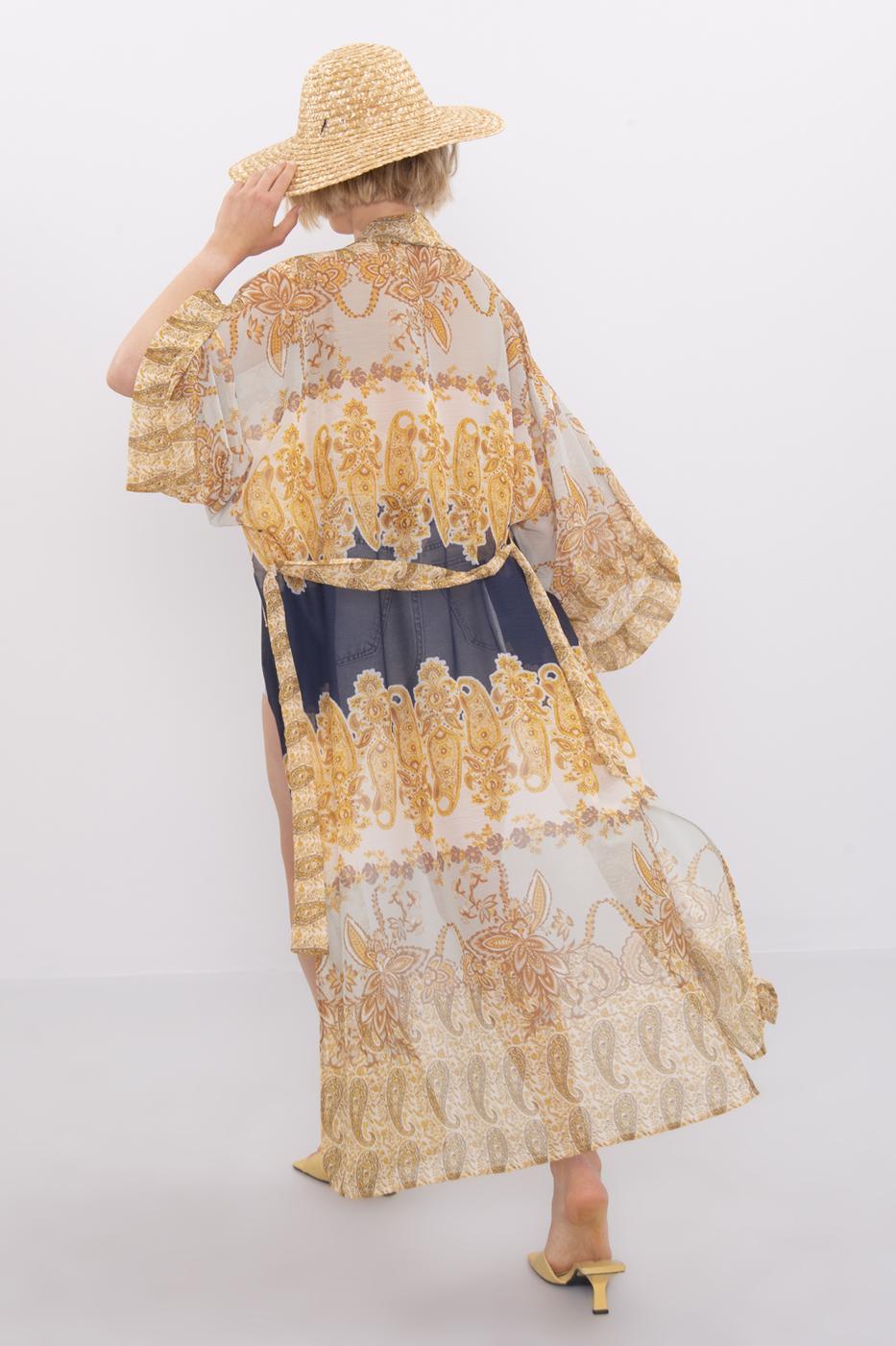 Bayan Sarı Desenli Uzun Kimono